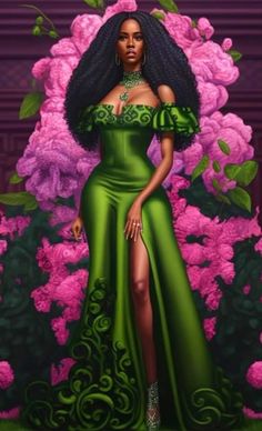 a painting of a woman in a green dress standing next to pink flowers with her hands on her hips