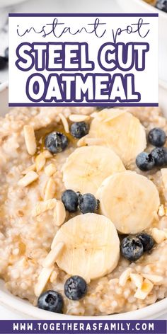 oatmeal with bananas and blueberries in a white bowl on a table