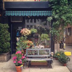 a bench sitting in front of a flower shop