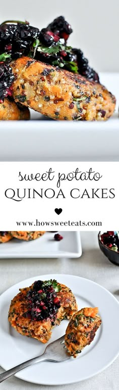 sweet potato quinoa cakes with blueberries and cherries on a white plate