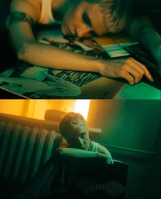 two images of a boy sitting at a table with his head on a book and the other side of him laying down