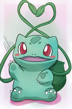 a drawing of a green pokemon with red eyes and a heart on its head, sitting in front of a white background