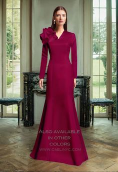 Honour - Long sleeves gown with V-neck Luxurious matte satin gown with high V neck, ruffle detail and long sleeves. The epitome of elegance and class. -Long sleeves with covered buttons. - High V Neck - Fully lined with satin lining - invisible zipper in the back - Meticulously handcrafted in the USA - All gowns ships within 2 weeks. If you need it sooner. Please contact us. - This item is made upon order and is non-returnable. Please refer to our size chart before placing an order. Evening Gown With Sleeves, Long Sleeves Gown, Gold Evening Gown, Gown With Sleeves, Evening Gowns With Sleeves, Mother Of The Bride Dresses Long, Duchess Satin, Elegant Dresses Classy, Long Sleeve Gown