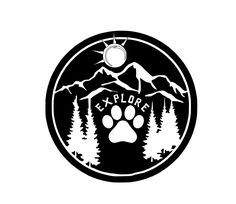 a black and white logo with an image of mountains, trees and a dog's paw