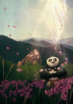 a panda bear sitting on top of a tree stump in the middle of a field