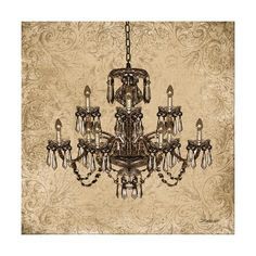 a chandelier hanging from the ceiling in front of a wallpapered background