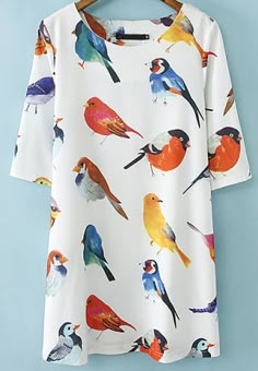 Romwe White Half Sleeve Birds Print Loose Dress Bird Print Dress, Robes Glamour, Birds Print, Bird Dress, Robin Bird, Pierre Hardy, Half Sleeve Dresses, Fashion Sets, Bird Print