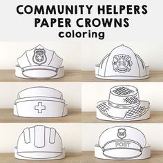 paper hats with the words community helpers in different styles and colors, all on top of each other