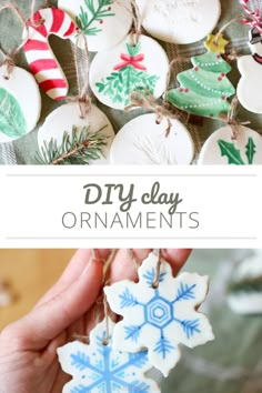 homemade christmas ornaments hanging from twine with text overlay that says diy day ornaments