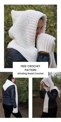 a woman wearing a white crochet hood and scarf with the text free crochet pattern