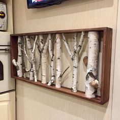 a wall mounted shelf with birch trees on it