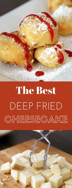 deep fried cheesecakes on a cutting board with ketchup drizzled over them