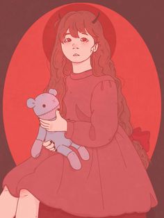 a girl in a red dress holding a teddy bear