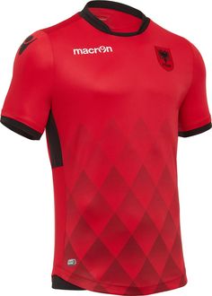 a red and black soccer jersey with the word macro on it