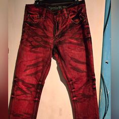 Nwot Distressed Jeans Size W34 L33 Red Denim Jeans With Relaxed Fit, Red Patterned Jeans, Luxury Fitted Red Jeans, Red Jeans Men, Red Distressed Crew Neck T-shirt, Red Jeans, Jeans Men, Distressed Jeans, Mens Jeans