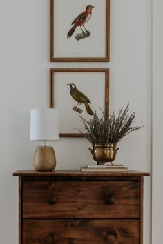 two framed pictures hang on the wall above a dresser with flowers and bird figurines