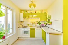 a kitchen with green and white cabinets, plants on the window sill, and potted plants