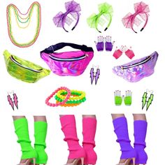 several different types of items are shown in this image, including socks and bracelets