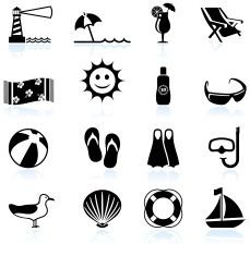 black and white beach icons set - vacation stock illustrations, clip art, cartoons, & icons