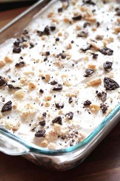 a casserole dish filled with ice cream and chocolate chips