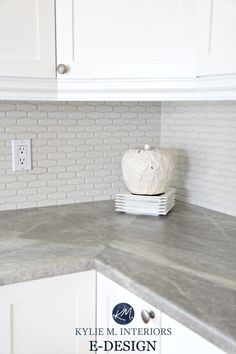 a kitchen counter with a white ceramic pig on it's head in the middle