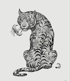 a black and white drawing of a tiger with flowers on it's back legs