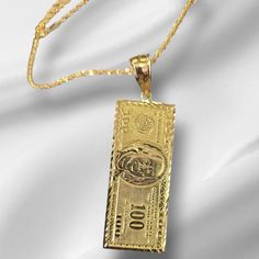 This charm is made of authentic 10k Solid Gold. This sparkling charm is a must add item to your jewelry collection and is a great item to gift. Our charm is Comfortable & Enjoyable to Wear. FREE SHIPPING ALL OVER USA  Comes in a Premium Gift Box! 10K Real Gold Big Hundred (100) Dollar Bill Charm/ Pendant With Rope Chain * Charm Approx. - H - Bell to Bottom 2.5 inch - Weight Approx.8.10 gm * Metal : Real 10K Solid Gold  * Condition : Brand New * Clasp/Bail : Lobster Clasp * Chain type : Rope Chain * Necklace length : 18", 20", 22", 24" Shop with confidence knowing that the items you purchase here are always 100% Authentic 10K Gold. If you are not completely satisfied with your jewelry, simply send it back to us (including all original packaging) within 7 days and we will issue a refund of y 100 Dollar Bill, Jewelry Photos, 100 Dollar, Rope Chain Necklace, Necklace Chain Lengths, Dollar Bill, Premium Gift, Jewelry Business, Rope Chain