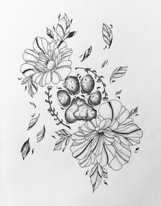 a black and white drawing of flowers with leaves