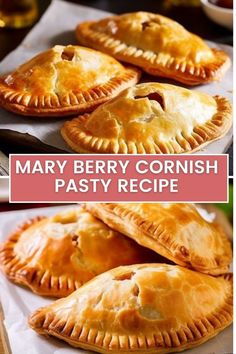 many different types of pastries are shown on the table with text overlay that reads mary berry corinish pastry recipe