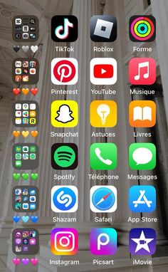 an iphone screen with many different icons on the front and back sides, including various apps