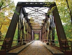 an old metal bridge in the woods with leaves on the ground