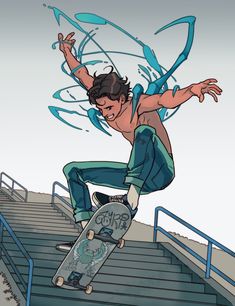 a man riding a skateboard up the side of a flight of stairs with his hands in the air