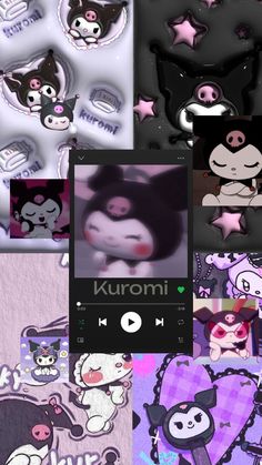 various pictures of cartoon animals and stars on a wall with the words kuromi above them