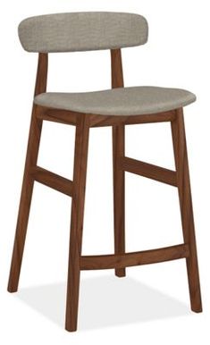 a wooden bar stool with grey upholstered seat and backrest, viewed from the front