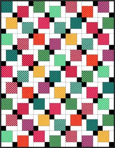 a colorful quilt with squares and dots on the front, as well as a black border