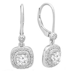 14K Round Gemstone & White Diamond Ladies Halo Dangling Drop Earrings 1 CT, White Gold Diamond Dangling Earrings, Halo Style, 10k Gold, White Diamond, Diamond White, Prong Setting, Halo, Silver Bracelet, Dangle Earrings