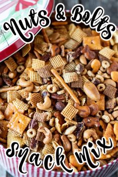 nuts and blobs snack mix in a bowl with the words, nuts and blobs snack mix