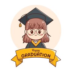 a girl in graduation cap and gown holding a yellow ribbon with the words happy graduation on it