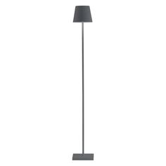 a floor lamp with a grey shade on it