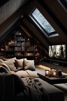 an attic bedroom with a large bed and tv in the corner, surrounded by bookshelves