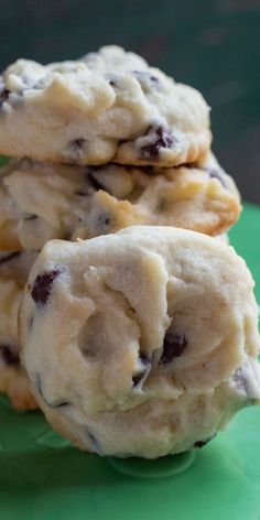 three chocolate chip shortbread cookies stacked on top of each other with text overlay