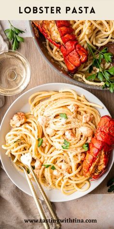 lobster pasta on a white plate with chopsticks next to it