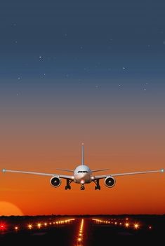 an airplane is taking off from the runway at night with lights in the foreground