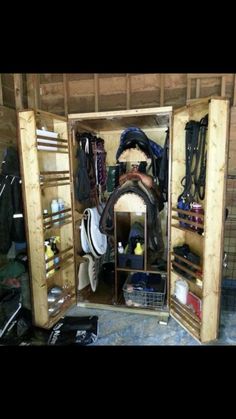 the inside of a storage shed with many items in it