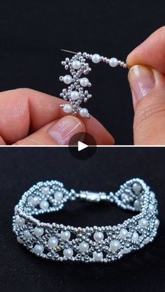 two pictures showing how to make a beaded bracelet with pearls and beads on it