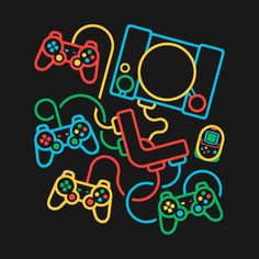 neon colored video game controllers on a black background