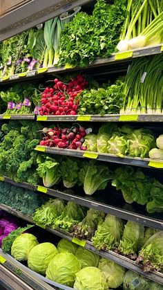 an assortment of vegetables are on display in a grocery store, including lettuce and radishes