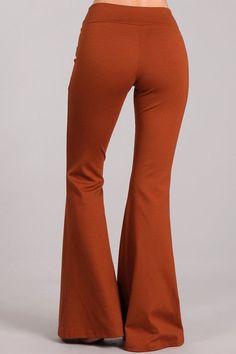 Discover the versatility of Chatoyant with these sleek Ponte Flare Bell Bottoms. Perfect for all occasions from casual to business attire, these pants feature a tummy control pull-on waistband and wrinkle-free, supportive Ponte fabric made of Viscose, Nylon, and Spandex. Inseam 32" inches Proudly made in the USA. Stay Sexy! Non-stretch Solid Color Bottoms For Fall, High Stretch Solid Pants For Fall, High Stretch Solid Color Pants For Fall, Trendy Solid Dress Pants For Fall, Fall Full Length Bottoms In Solid Color, Full Length Solid Color Bottoms For Fall, Stretch Brown Full-length Dress Pants, Non-stretch Pants With Elastic Waistband For Fall, Solid Color Full-length Bottoms For Fall