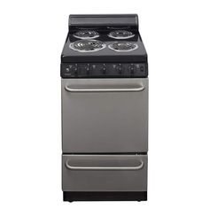 a silver stove top oven sitting next to a white wall with two burners on it