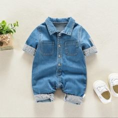 Trendy Denim Baby Romper Spring Playtime Denim Blue Jeans, Blue Jeans For Summer Playtime, Cute Blue Jeans For Playtime, Spring Playtime Blue Jeans, Denim Blue Jeans For Summer Playtime, Summer Jeans For Playtime, Denim Bodysuit, Boys Designer Clothes, Denim Baby